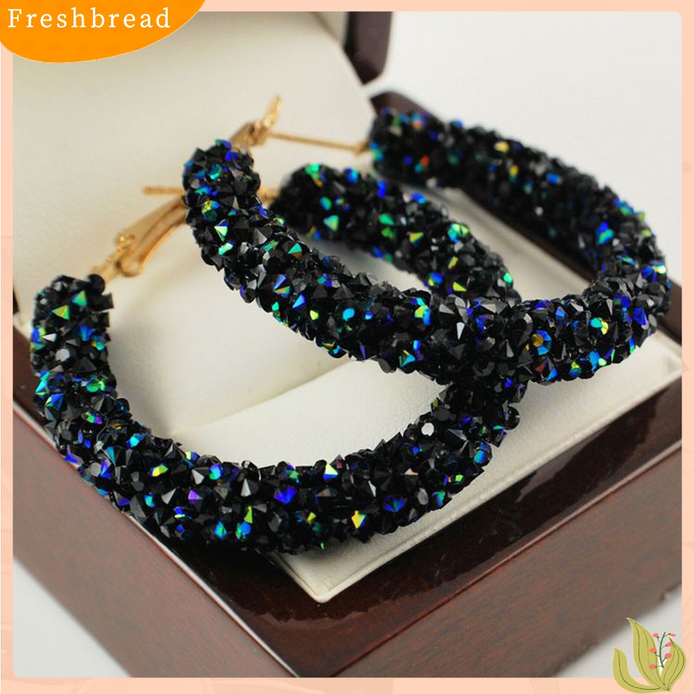 Fresh| Anting Hoop Bentuk Lingkaran Aksen Berlian Imitasi Untuk Wanita