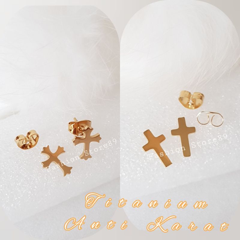 Anting tusuk Titanium gold import anting salib emas titanium Antikarat bestseller bestquality Impor