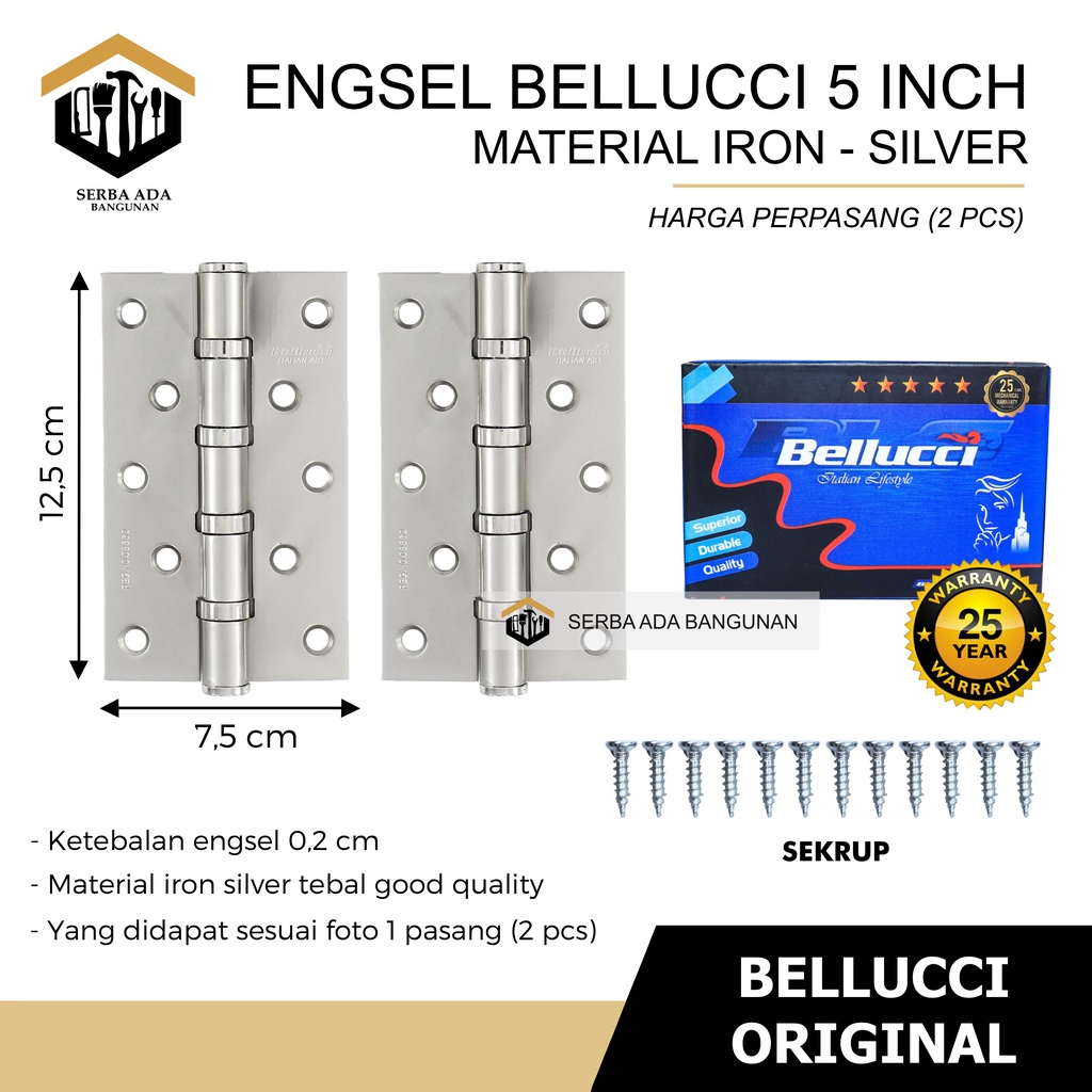 ENGSEL BELLUCCI 5 inch ENGSEL PINTU BELLUCCI - SUS SS 304 STAINLESS STEEL / IRON HINGES ASLI GARANSI 25 TH