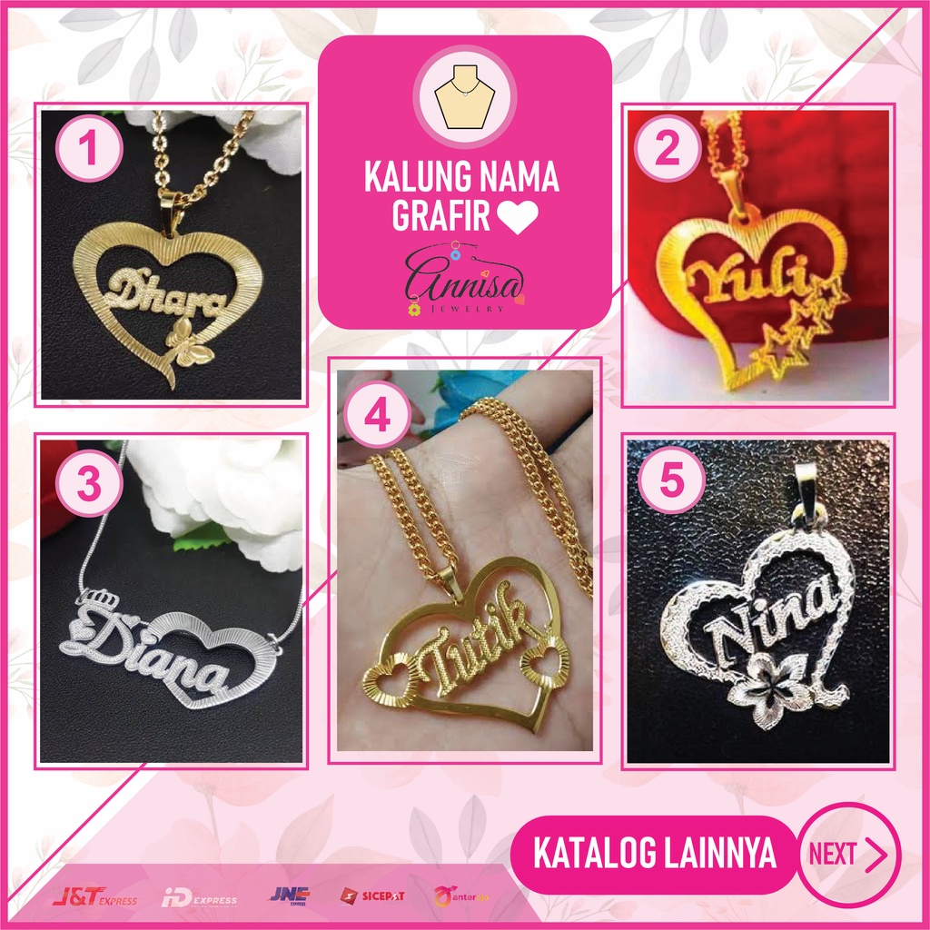 Kalung Nama Gold permata+Grafir Kombinasi Kupu-Kupu dan Bunga Uk.Standar