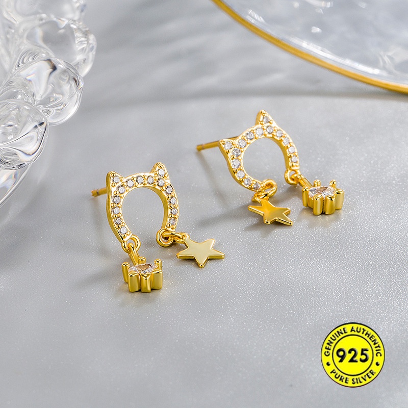 Anting Tusuk Silver Desain Kucing Aksen Rumbai Untuk Wanita