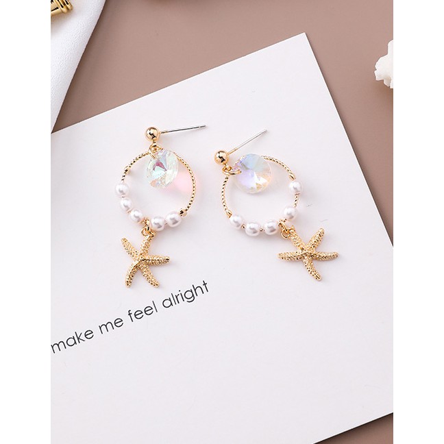 LRC Anting Tusuk Fashion Gold 925 Silver Needle Crystal Pearl Ring Starfish Earrings F54846