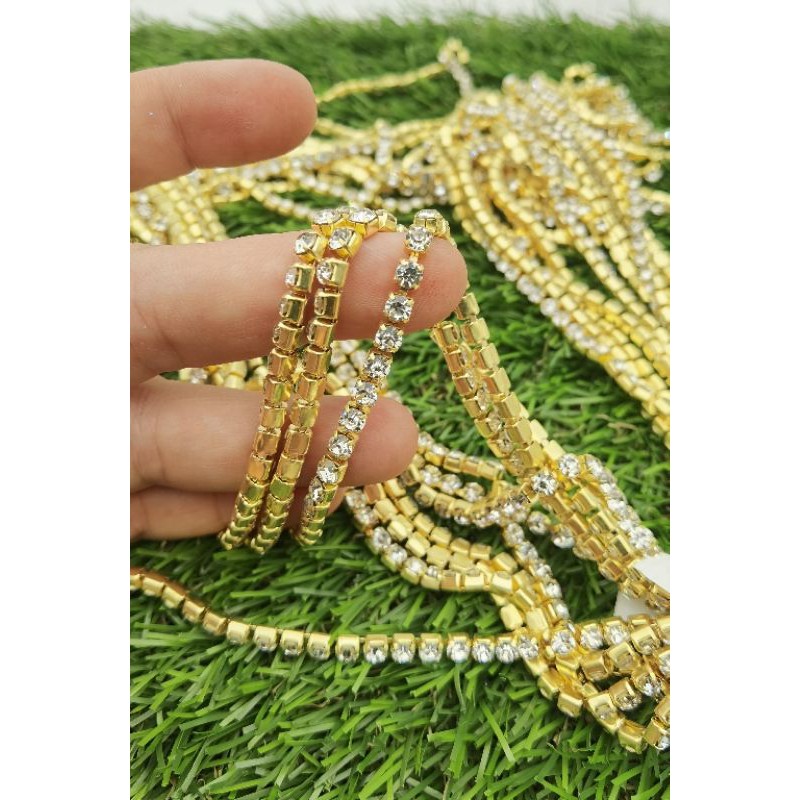 APLIKASI STONE KRISTAL BERLIAN RANTAI DASAR GOLD EMAS MATA PUTIH KUALITAS AA PREMIUM PER METER