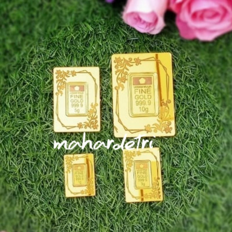 Replika LM Emas Batangan + Kerangka Grafir BUNGA dari bahan Akrilik GOLD