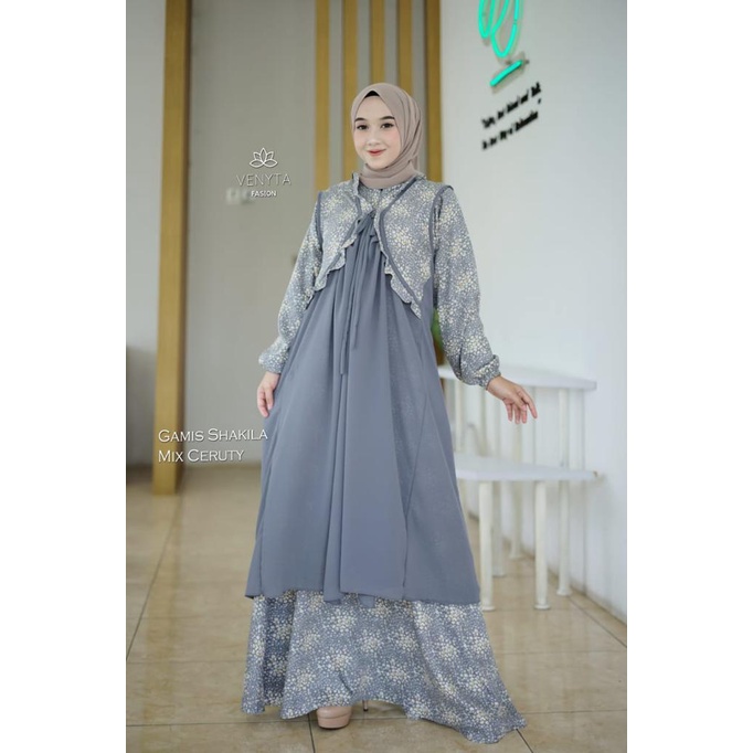 Gamis SET OUTER BLEZER CARDIGAN  2IN1 ori venyta LAILI LILI SET OUTHER  ROMPI baju muslim hits motif bunga umbrella Mayung syari maxidress pesta