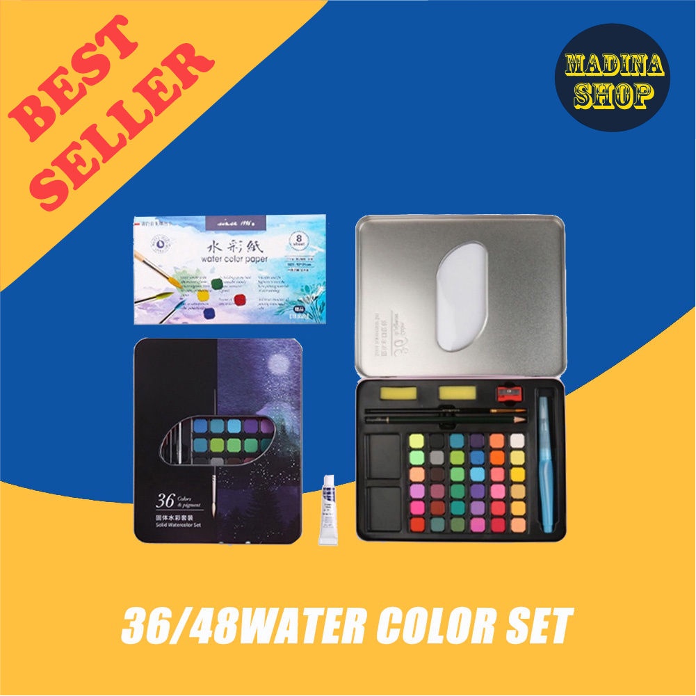 

【In stock】alat lukis set| Water Color Paint Set Besi 36 / 48 Warna Cat Air Alat Lukis Set Water - 48 Warna