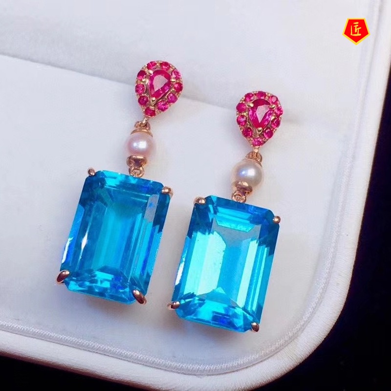 [Ready Stock]Fashion Inlaid Natural Topaz Blue Square Diamond Stud Earrings