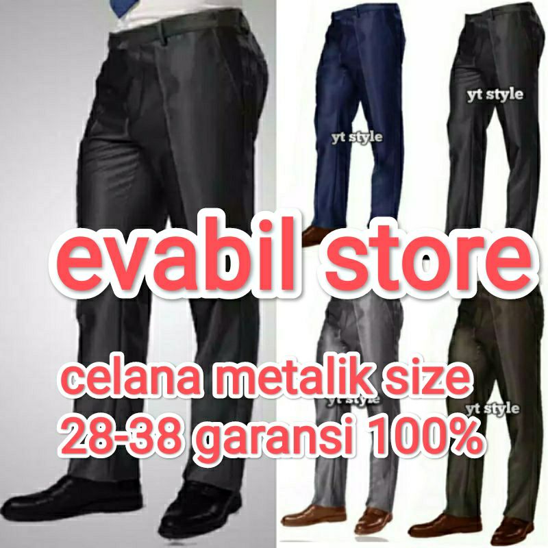 Celana Formal Pria Bahan Mengkilap Slimfit Kerja Dasar Metalik  UK 27-38 Navy Hitam