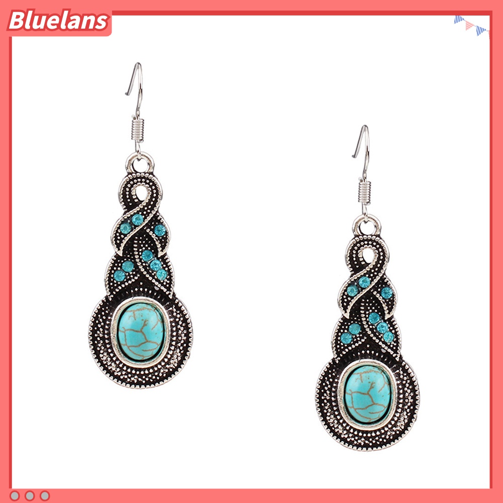 Set Perhiasan Kalung Anting Liontin Pirus Berlian Imitasi Gaya Retro Unik Untuk Wanita