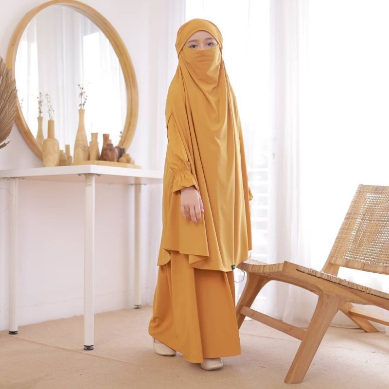 Gamis Anak French Khimar Fatimah Set ( Mustard - XXXL )