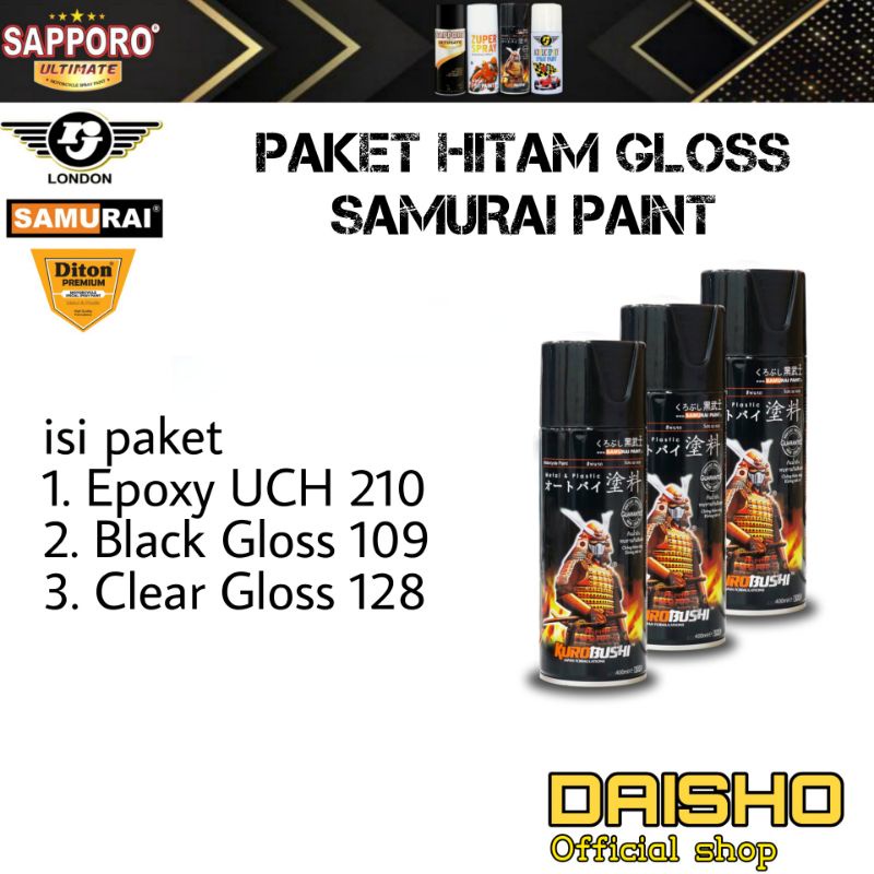 PAKET SAMURAI PAINT HITAM GLOSS BACK TO BLACK ORIGINAL ISI 3 KALENG EPOXY SURFACER UCH 210 , BLACK 1