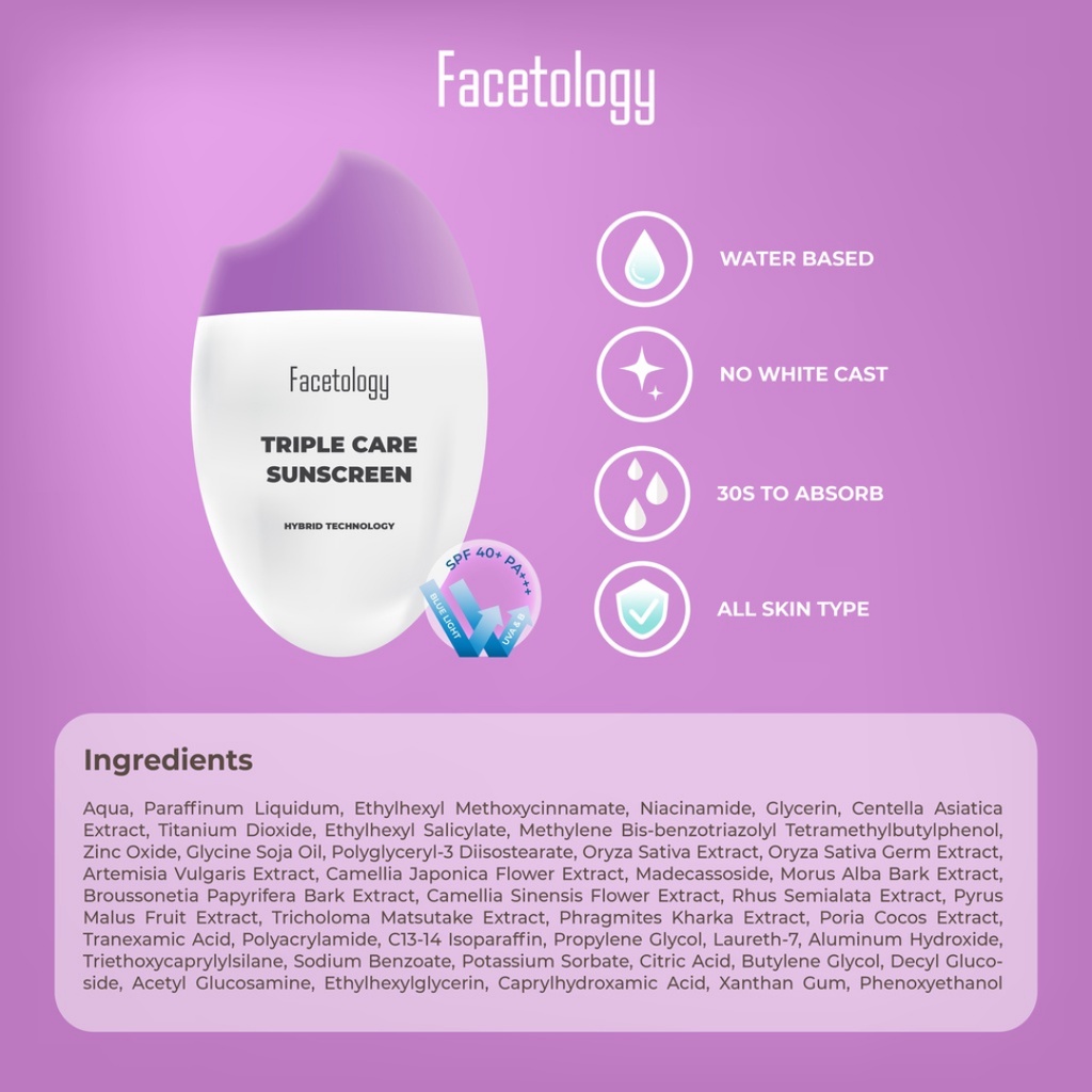 [ READY STOCK ] Facetology Triple Care Sunscreen SPF 40+ PA+++ | Sanscreen Pelembab Wajah Tasya Farasha Original