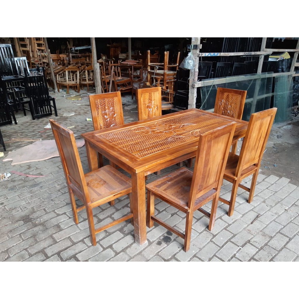 Meja makan + 6 Kursi kayu jati Jepara murah | Shopee Indonesia