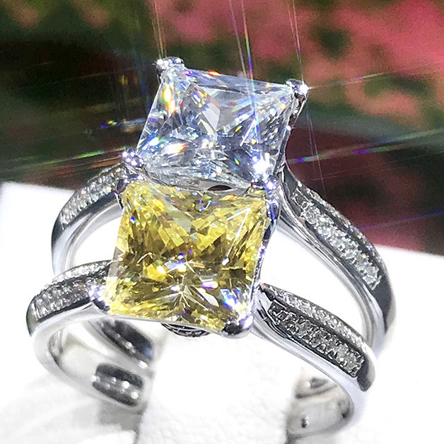 925 Perak  Square Cincin Berlian Pt950 Kuning Berlian Wanita Pernikahan Perhiasan