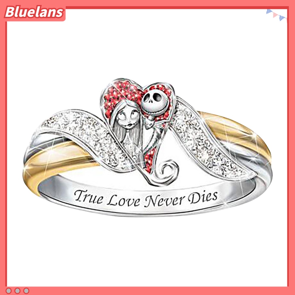 Cincin Bentuk Hati Bahan Alloy Motif Print Tulisan Aksen Berlian Imitasi Untuk Wanita