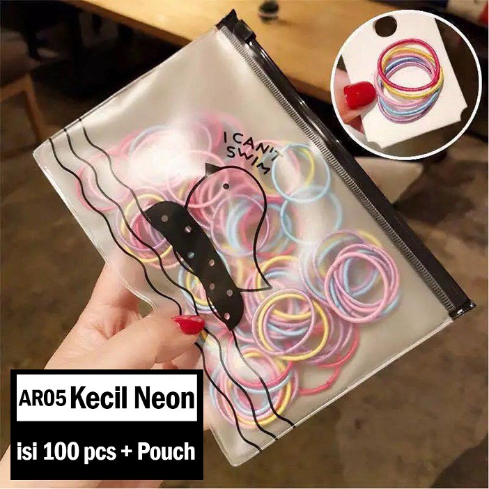Ikat Rambut Karet Polos Elastis Gaya Korea Wanita / Karet Rambut / Karet Gelang Kucir isi 100pc MCO - AR05-Neon Kecil