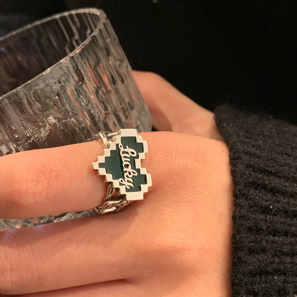 Cincin Model Terbuka Desain Mosaik Hati Warna Hijau Tua Metalik