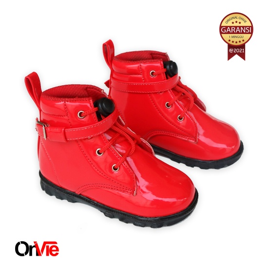 Sepatu Boots Anak Perempuan Glossy Hitam Putih Merah Polos | Sepatu Pesta Formal 22-35 Onvie