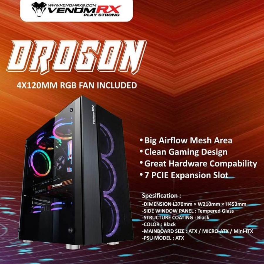 CASING PC VENOM RX DROGON FREE 4 FAN RGB