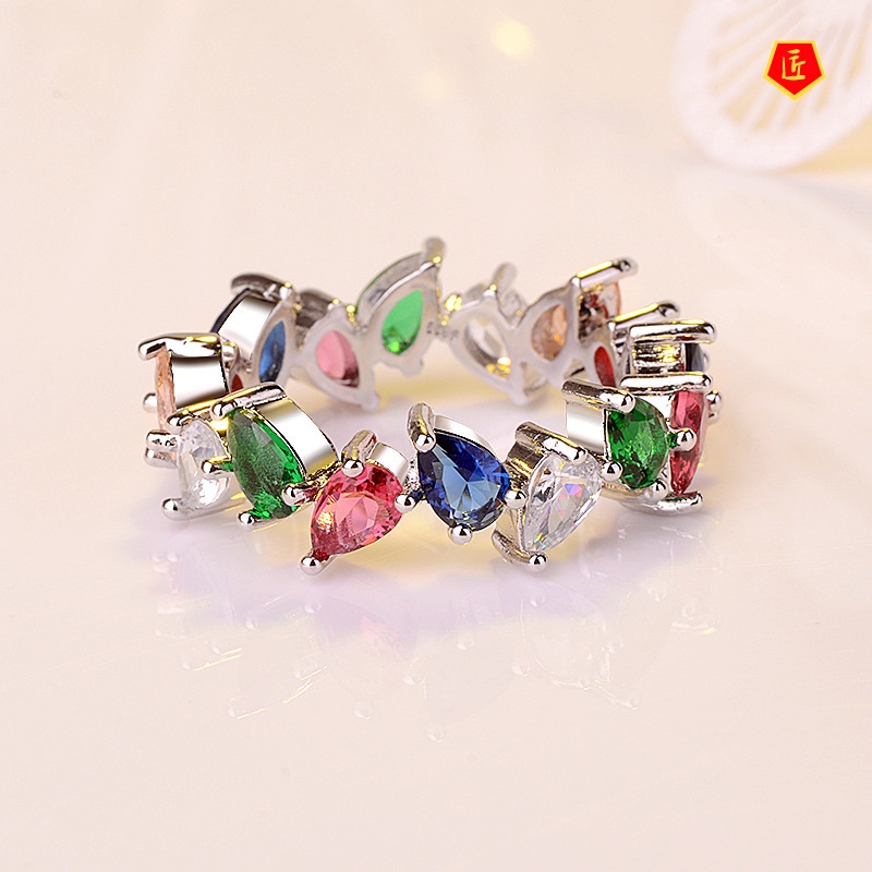 [Ready Stock]Women's Full Diamond Exquisite Luxury Colored Gems Ring