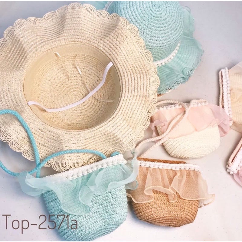 topi pantai set tas selempang jerami rajut berenda mutiara pearl topi picnic hat