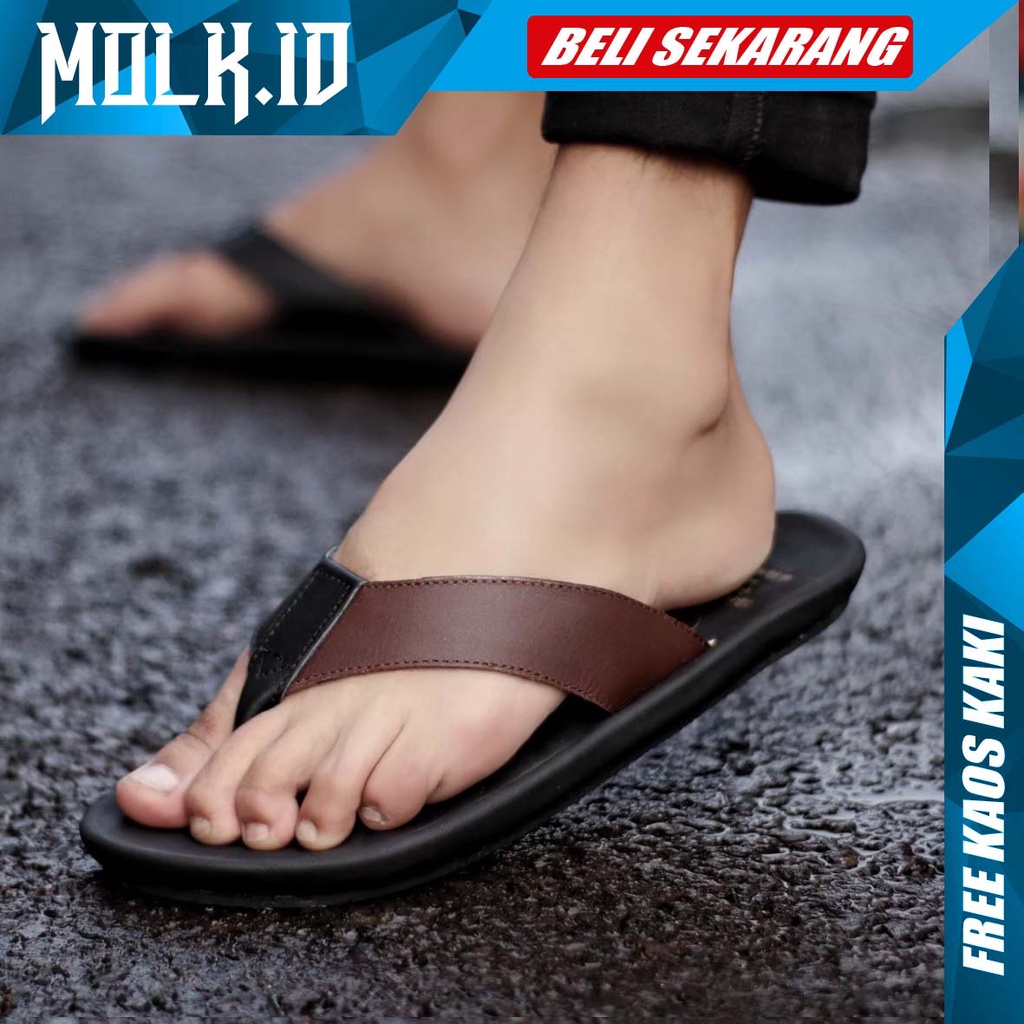 MOLK|Sandal Kulit Pria Asli Original Distro Murah Black Brown Casual Santai Fashion Trendy Laki Laki