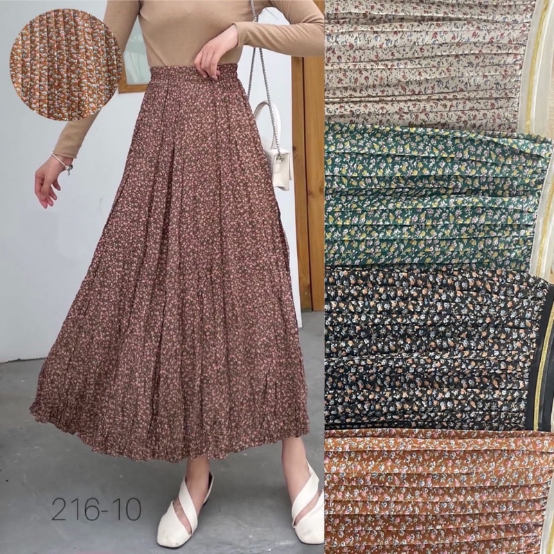 Korean Chiffon Flower Pleated Long Skirt with Gold List Import Premium ( Rok Sifon Korea Prisket Panjang Lis Pinggang Emas )