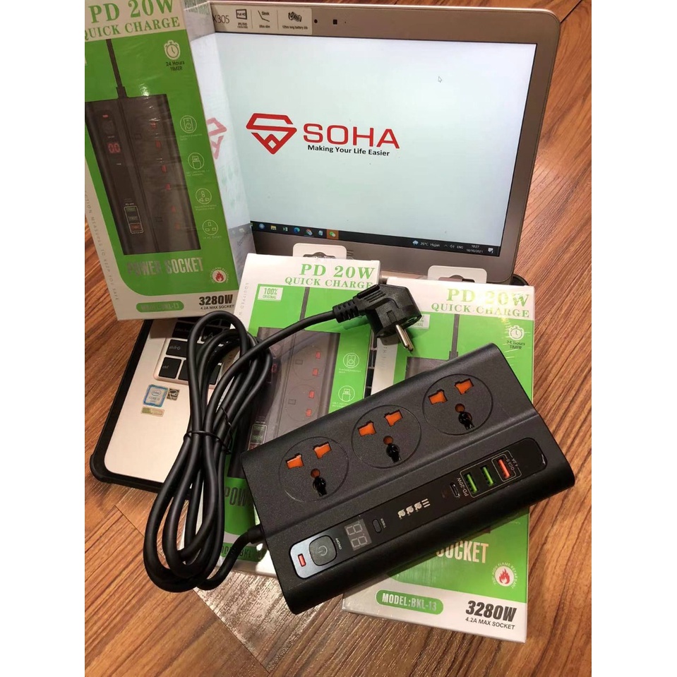 BKL-13 Timer Stop Kontak QualComm Power Socket Qualcomm Fast Charging 3 USB Port 4.2A PD-20W Type C Multi Port Auto Off Timer