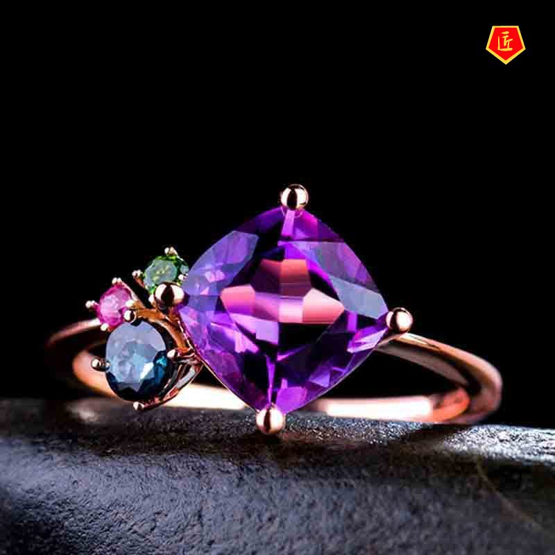 [Ready Stock]Elegant Personality Rose Gold Color Gemstone Amethyst Ring