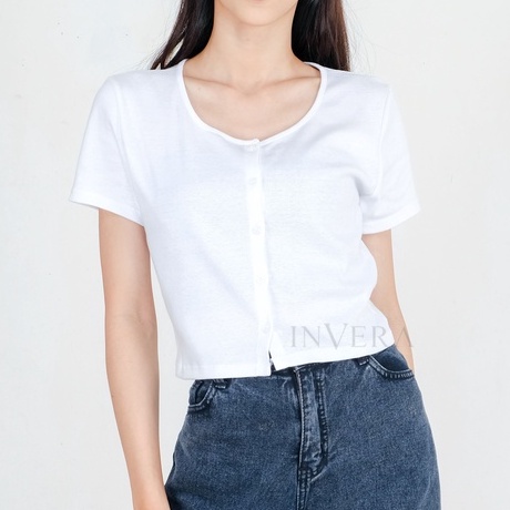 Invera × Jenny Rib Crop Top Button White ( kancing aktif ) - Rib Crop Top - Korean Style