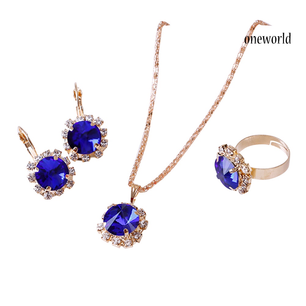 OW@ Fashion Women Circle Rhinestone Necklace Earrings Ring Pendants Jewelry Set