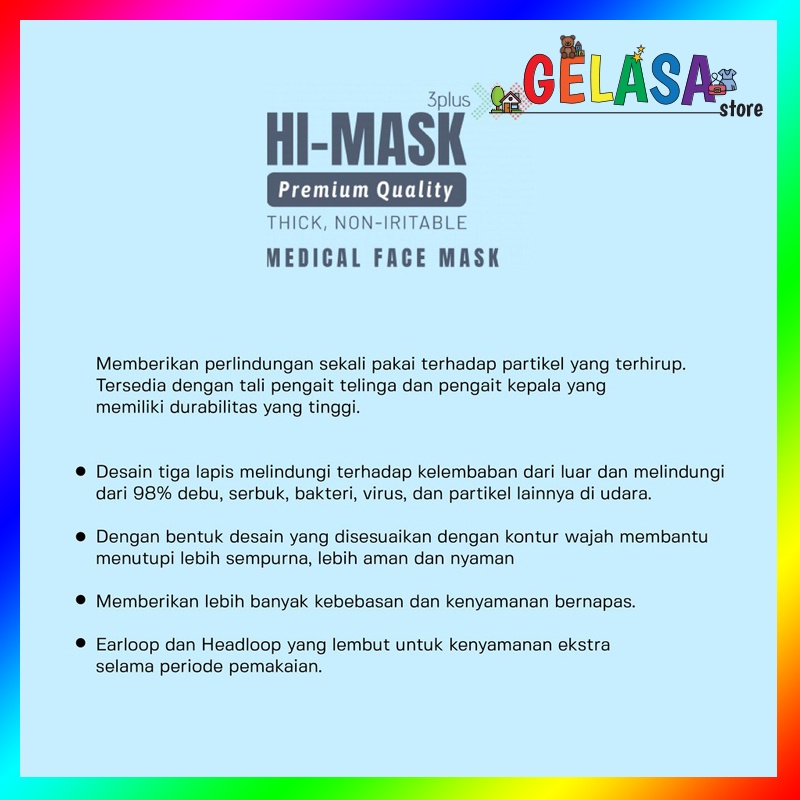 Gelasa Hi Mask Surgical Masker / Masker Medis Headloop &amp; Earloop isi 50pcs