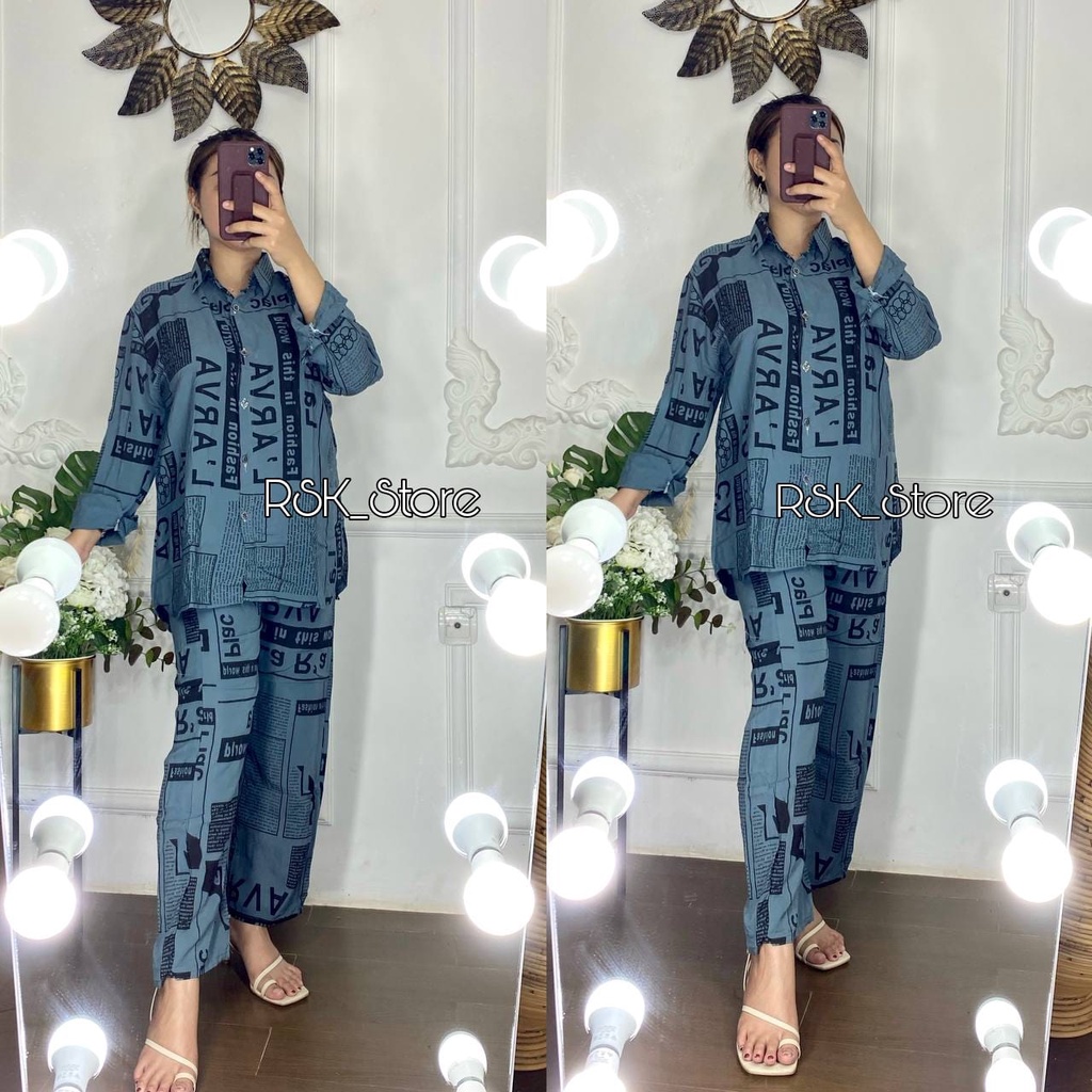 RSK-(BISA COD) Setelan Wanita Motif Koran - Set Rayon Termurah - One Set Kekinian-ABU KORAN