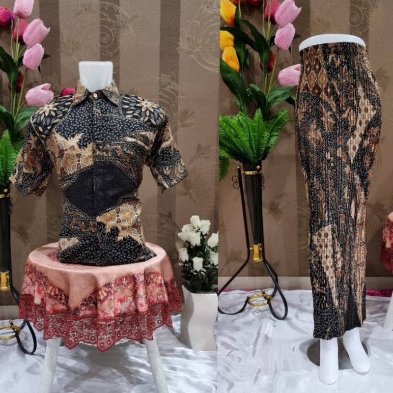 Kemeja Batik Tangan Pendek Set Couple Rok Plisket Batik Kondangan