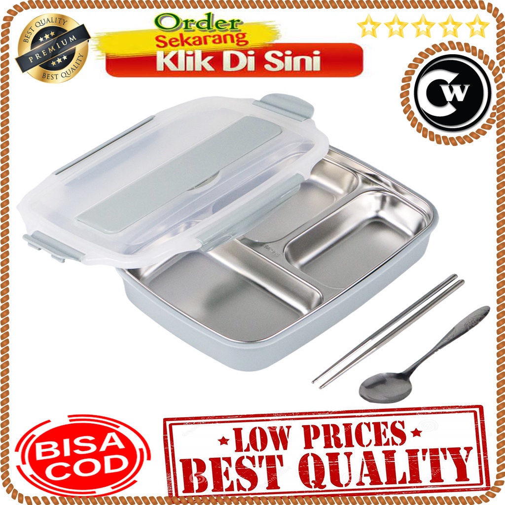 Kotak Makan Stainless Steel 3 Grid Healthy Bento Lunch Box dengan Sendok dan Sumpit