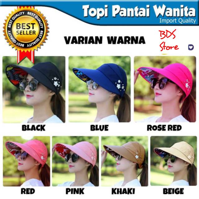 Topi pantai wanita import, topi anti UV gulung