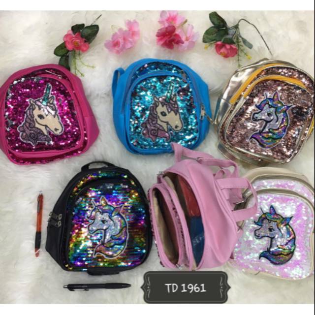 tas ransel unicorn tanduk kuda sequin manik manik tas anak kecil anak sekolah tk sd dorong sleting