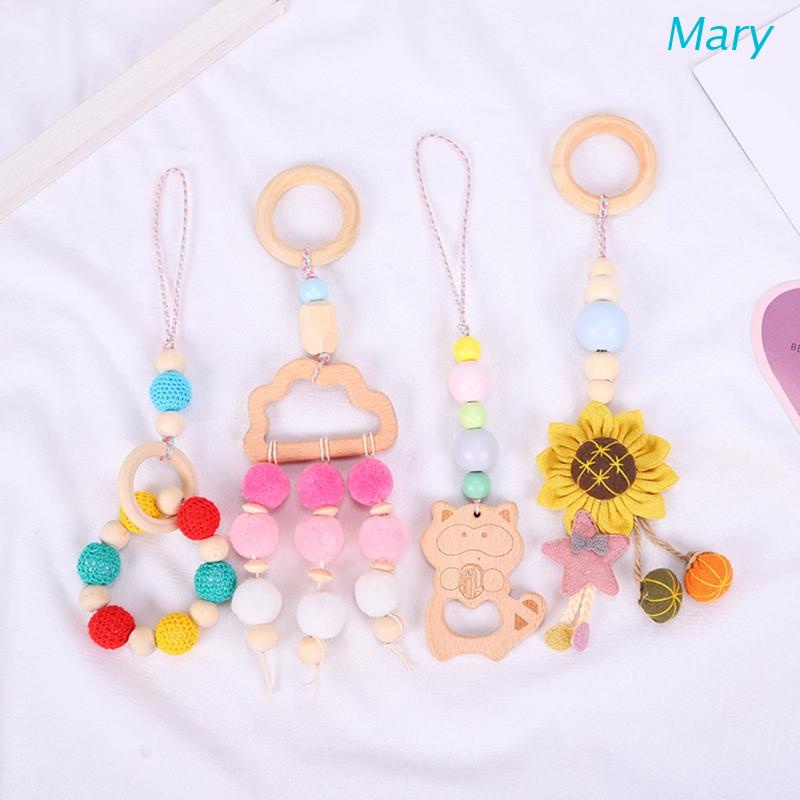 Mary 4pcs / Set Mainan Rattle / Teether Gantung Dengan Frame Kayu Untuk Stroller Bayi