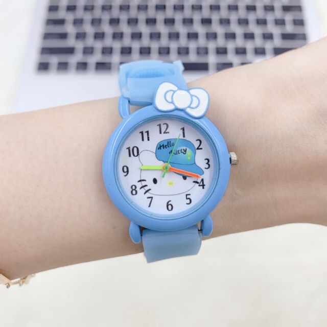 JAM TANGAN MURAH CEWEK JAM TANGAN SILICONE QUARTZ ANALOG MOTIF KARTUN HELLO KITTY WARNA PERMEN A07