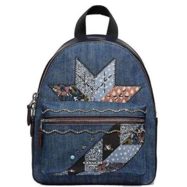 Coach charlie mini denim backpack ransel patch work
