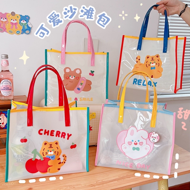 TAS TOTE BAG LUCU TAS WANITA MIKA TRANSPARAN / TAS KOREA MOTIF BERUANG / TAS LAPTOP/ TAS DOKUMEN/ TOTE BAG PREMIUM / TAS JINJING