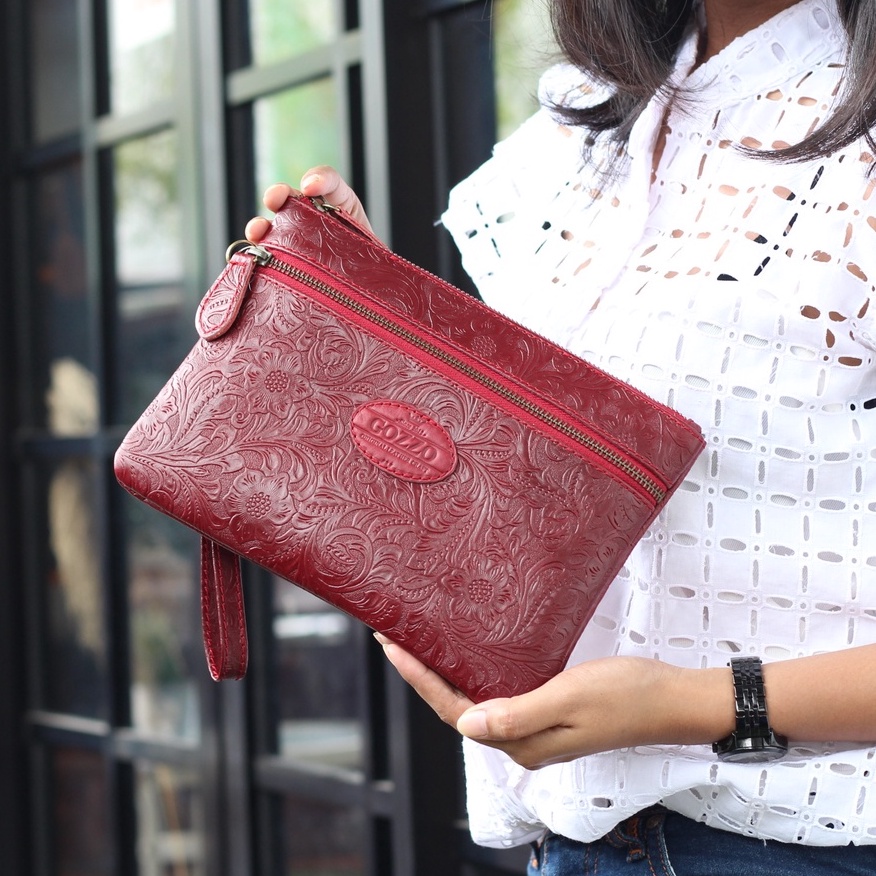 CLUTCH WANITA KULIT SAPI PULL UP ASLI LAILY DOUBLE ZIPPER BATIK MAROON / FREE GRAVIR NAMA