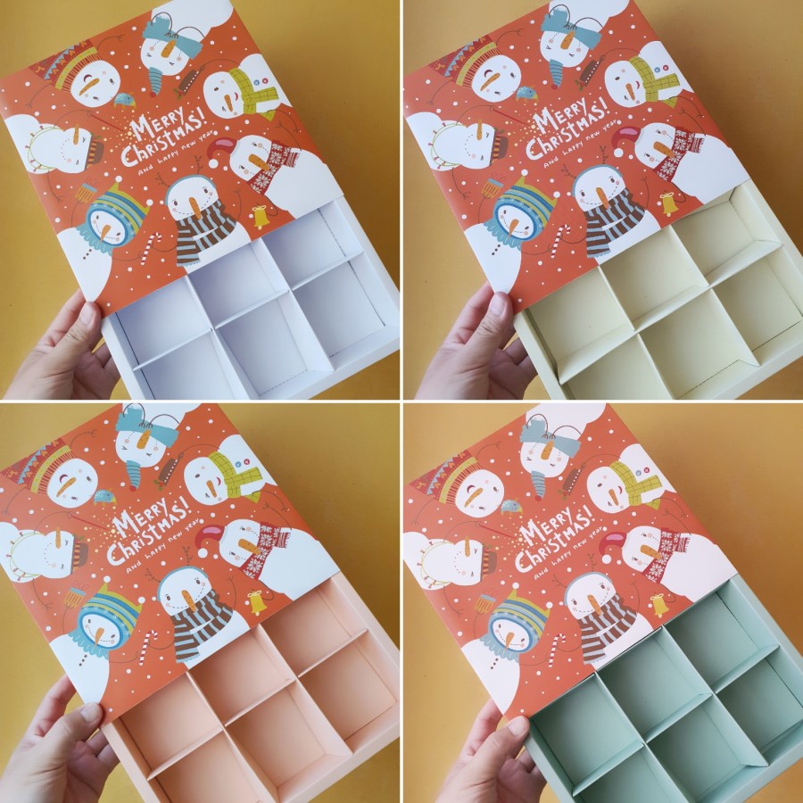 

(5pcs) kotak packaging eggtart sekat 9 dus kue soes box pie mini kardus fruitpie motif snowman size 24x24x4 cm