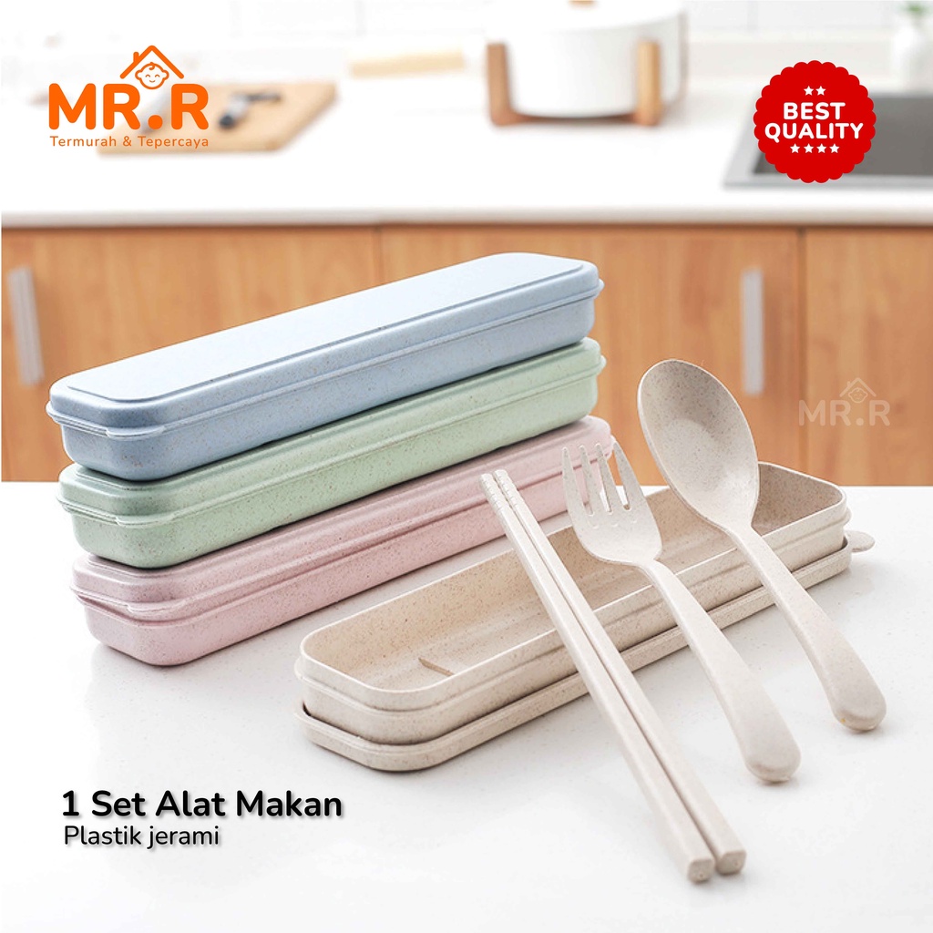 1 Set Alat Makan Sendok Garpu Sumpit + Box Plastik Jerami Wheat Straw Portable Travel Cutlery