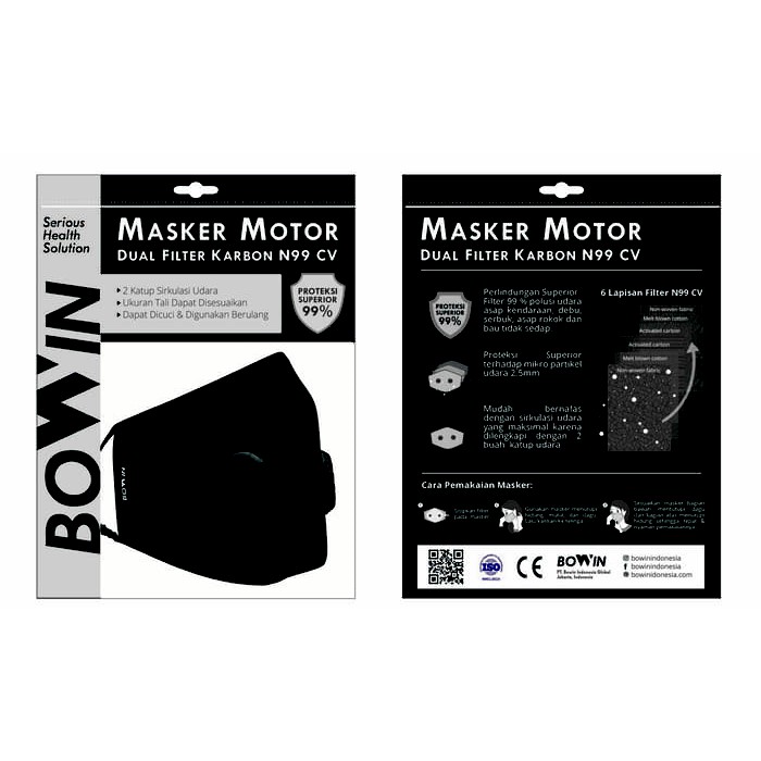 Bowin Masker Motor - Dual Filter Karbon N99 CV (Masker Anti Polusi) - Solid Black