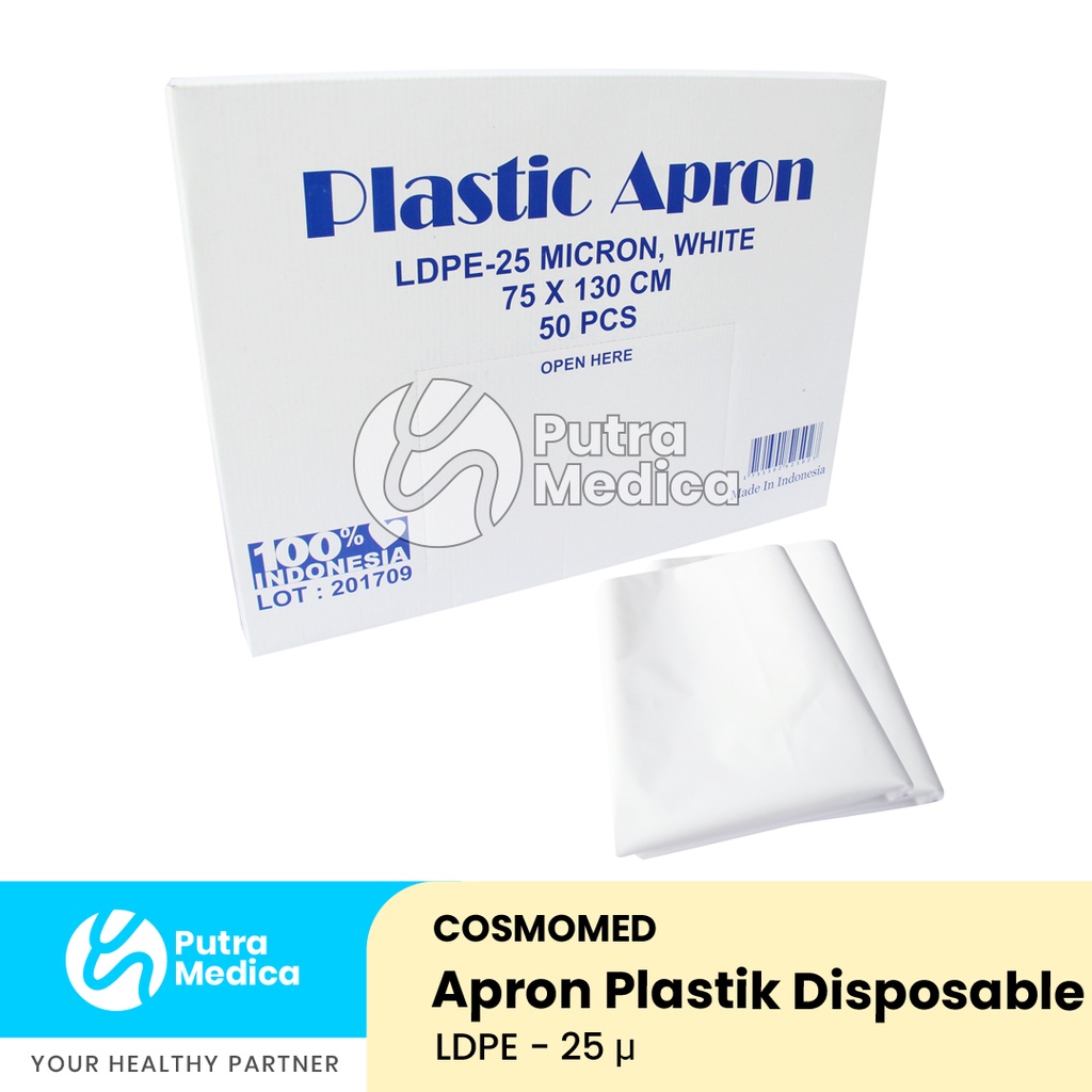 Cosmomed Apron Plastik Putih 0.025mm - 5pcs / Celemek Medis / Clemek Bedah Operasi / Alat Pelindung Diri Sekali Pakai