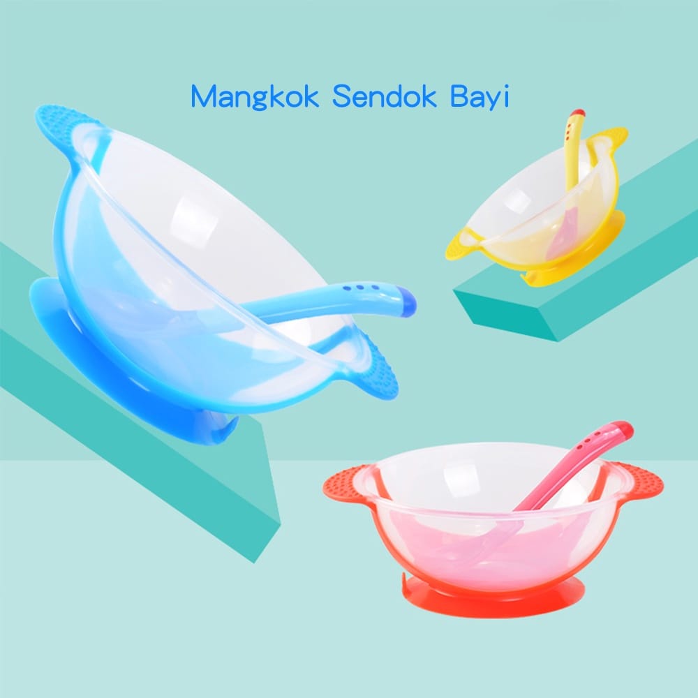 ⭐ Babywear ⭐ AB004 Mangkok Bayi /  Garpu Sendok Makan Bayi Dengan Sensor Panas &amp; Anti Slip Mangkuk Anak