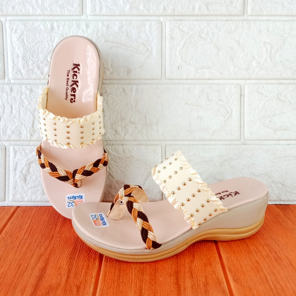 Kickers RF Renda 01 Sandal Anak Perempuan Jepit Wedges Hak 5cm Size 26-35 Krem Combi