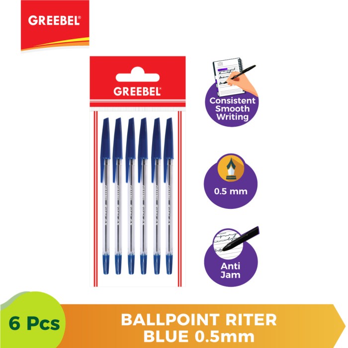 Ballpen Biru Pulpen Greebel Ballpoint Riter0.5 Blue - 6pcs.