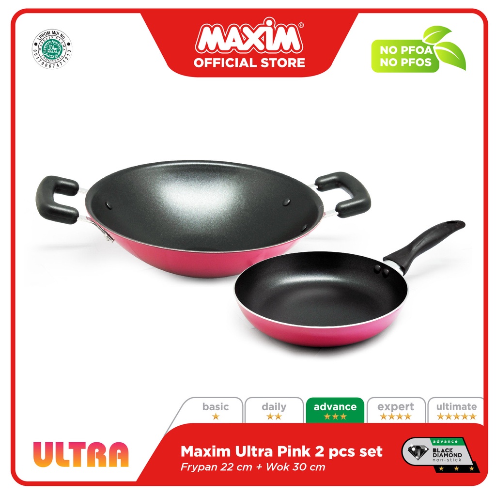 Maxim Ultra Pink 2pcs Set Wajan Penggorengan Teflon Anti Lengket (22cm FP + 30cm Wok)